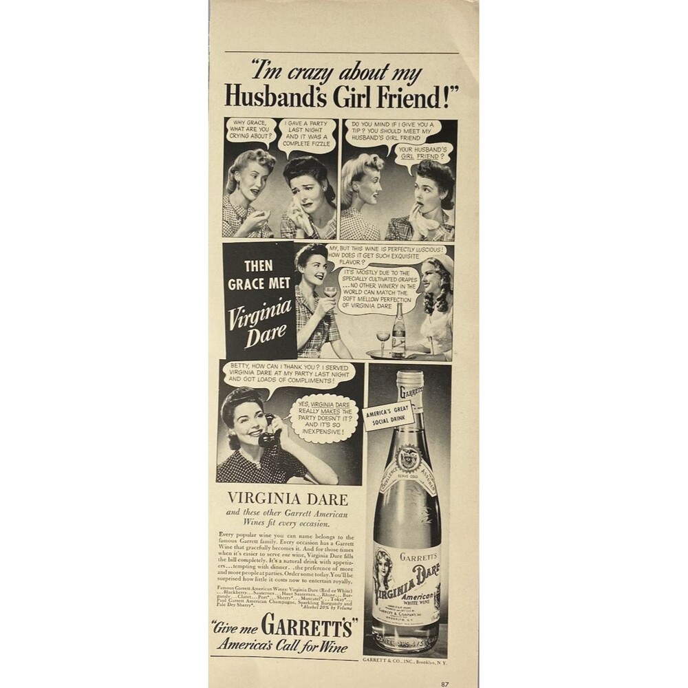 Garrett's Virginia Dare White Wine "Crazy about Husbands Girlfriend" Ad 1941